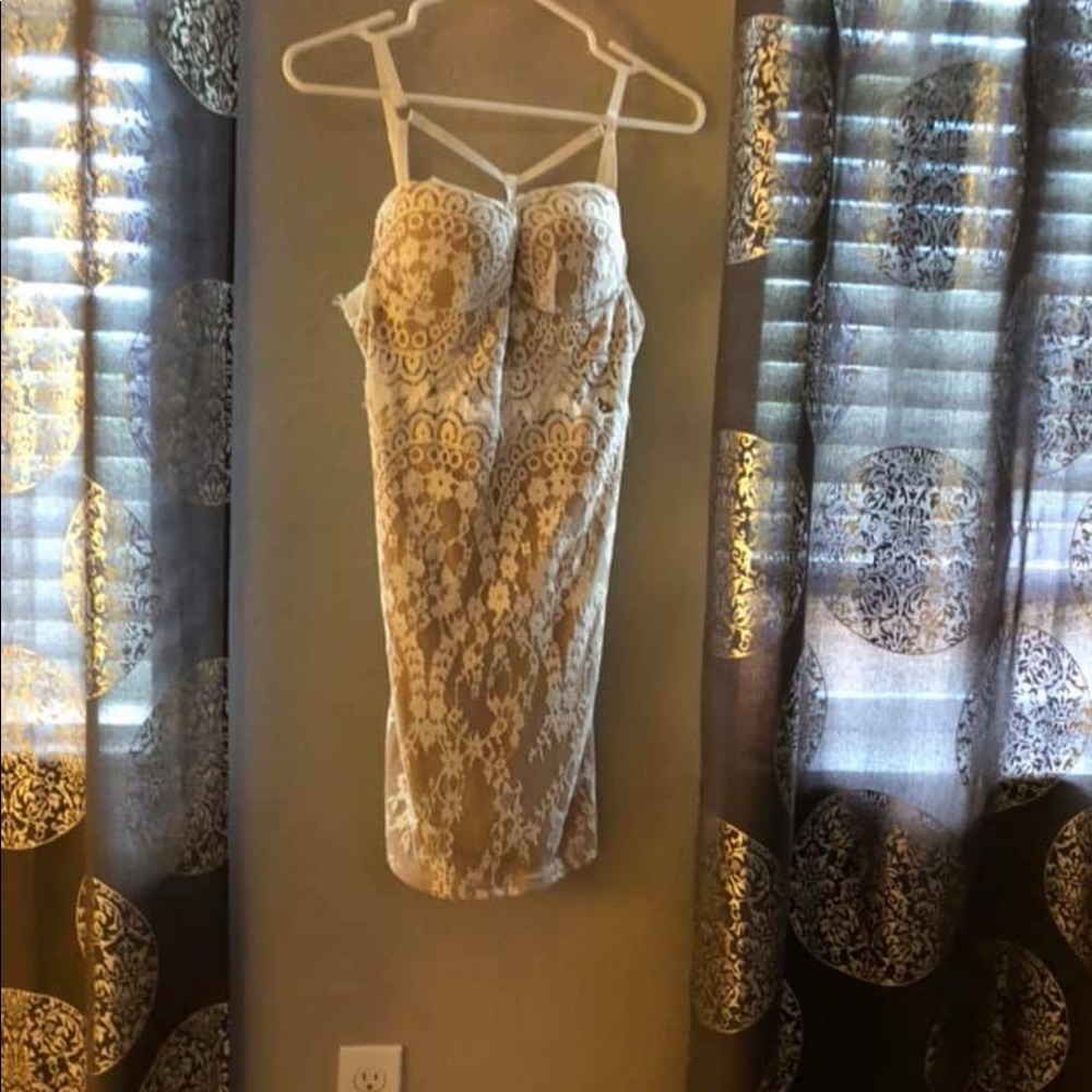 White and nude lace mini dress
